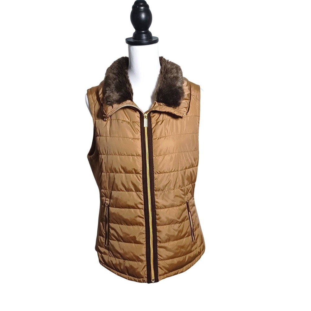 Johnston & Murphy Womens Puffer Vest Tan Faux Fur Collar Gold Zip Medium
